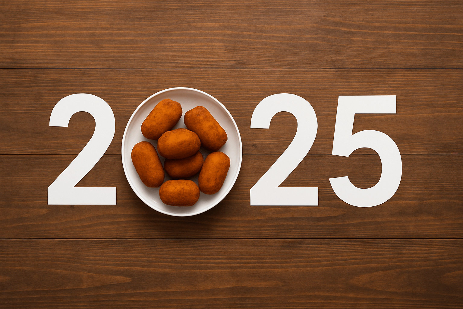 2025 en blanco sobre madera con croquetas