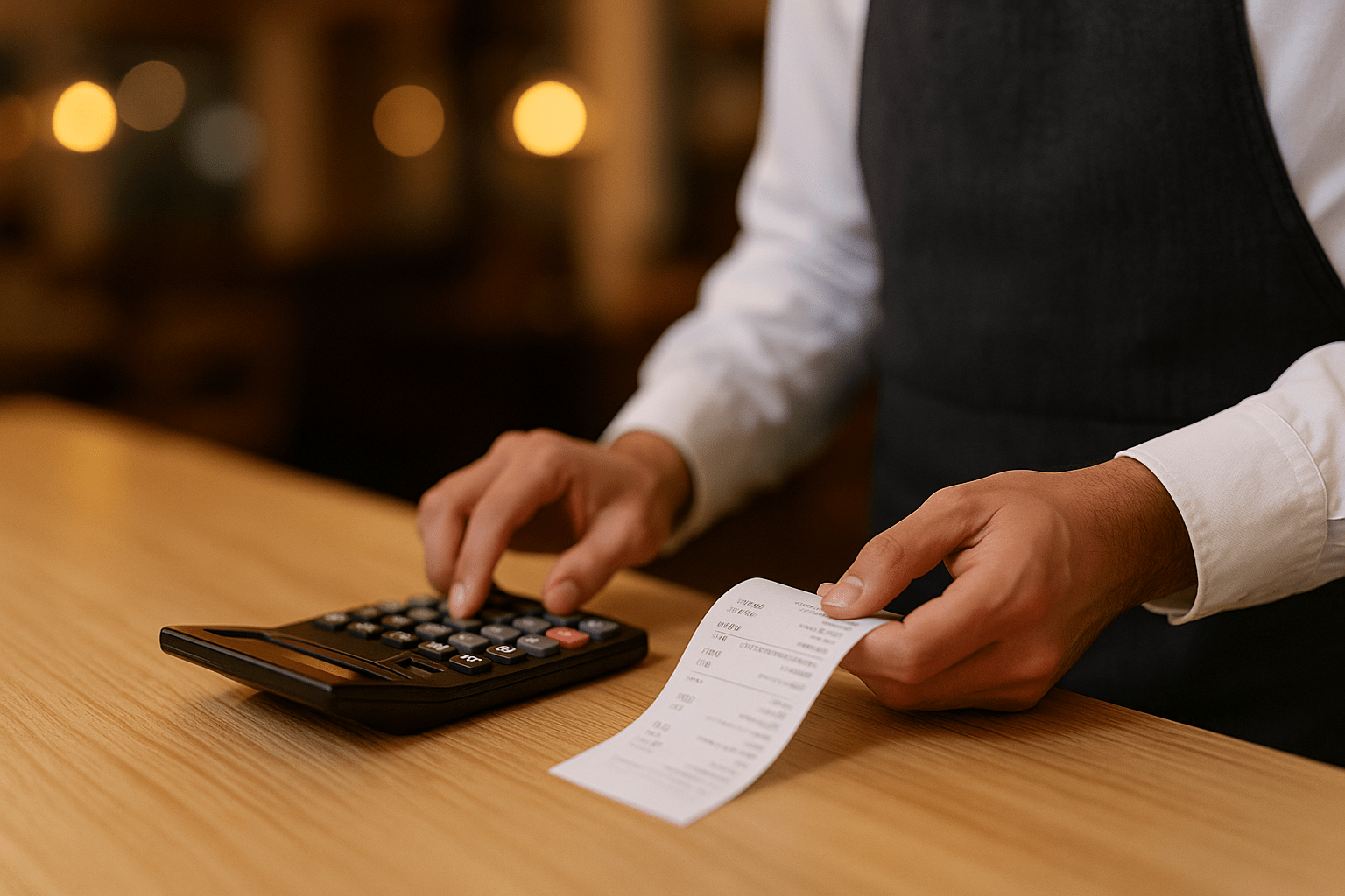 mano de un camarero con calculadora y un ticket