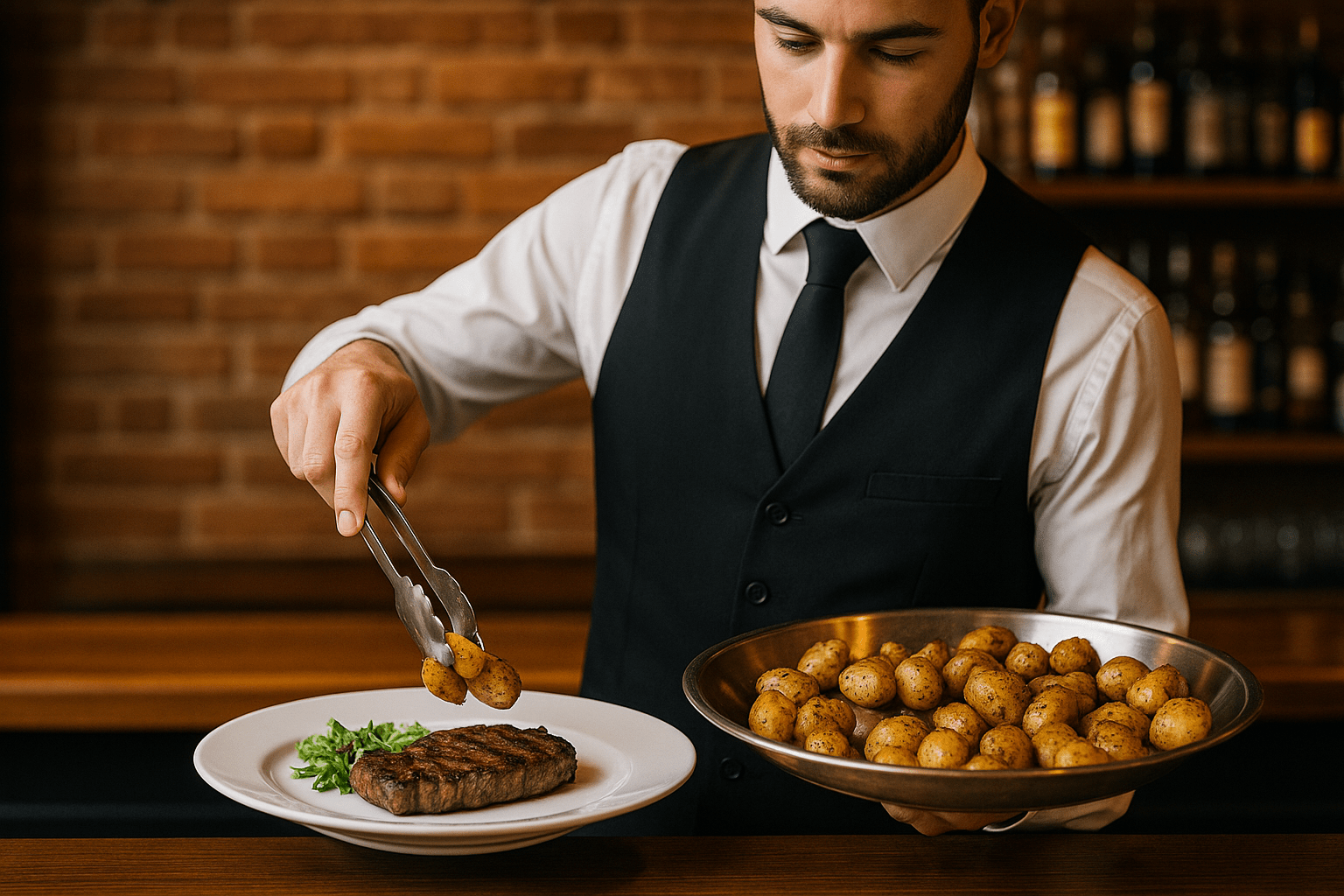 camarero sirviendo carne en un plato