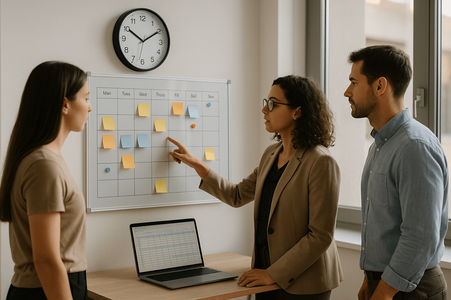 tres personas mirando un calendario de turnos