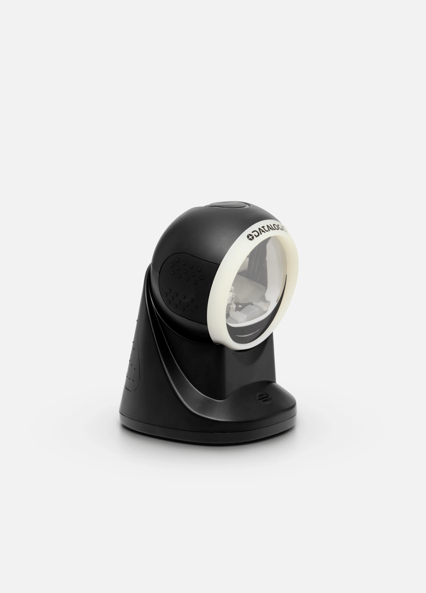 Primer plano de un escáner de sobremesa negro, con la zona redonda del escáner en blanco, girado hacia la derecha.