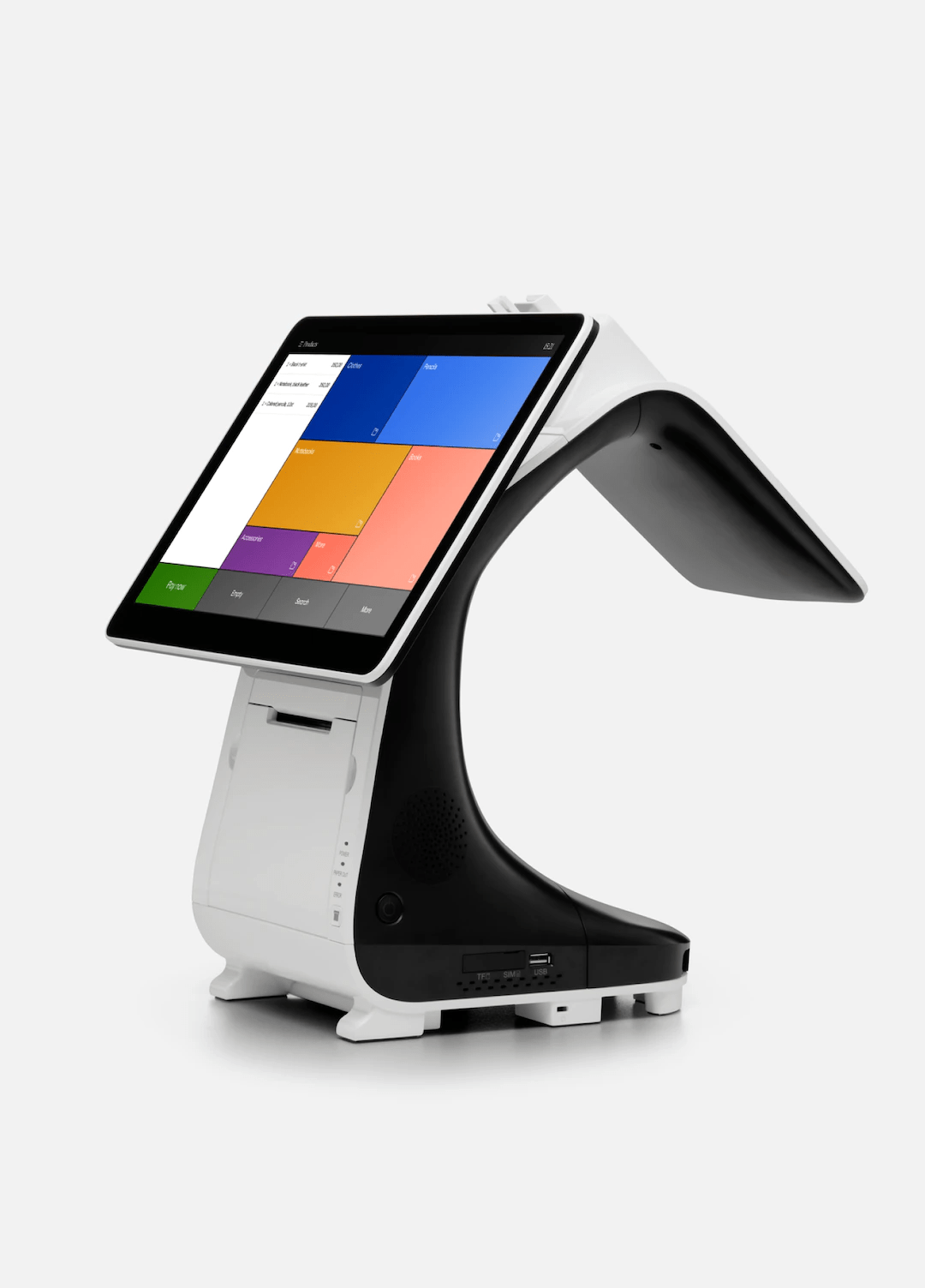 Dispositivo pay-desk Loomis Pay visto de perfil, mostrando la pantalla con el programa de gestión.