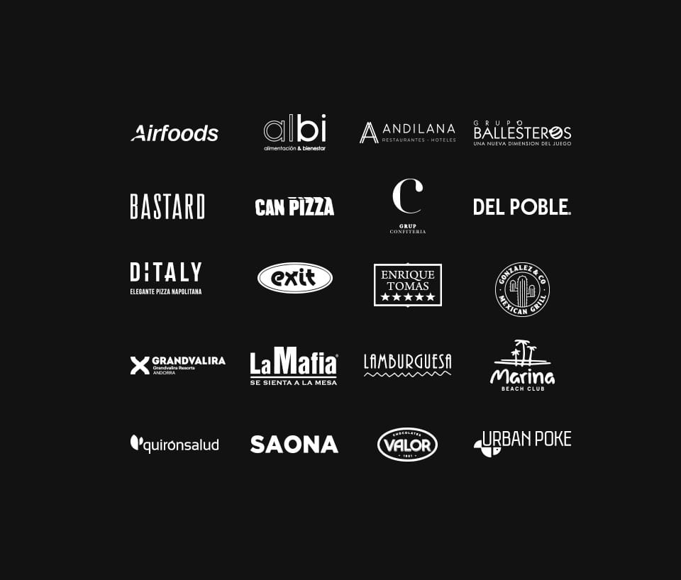 logos de clientes airfoods albi andilana ballesteros bastard can pizza confiteria del poble ditaly exit enrique tomas gonzalez co grandvalira la mafia lamurguesa marina beach club quiron salud saona valor urban poke