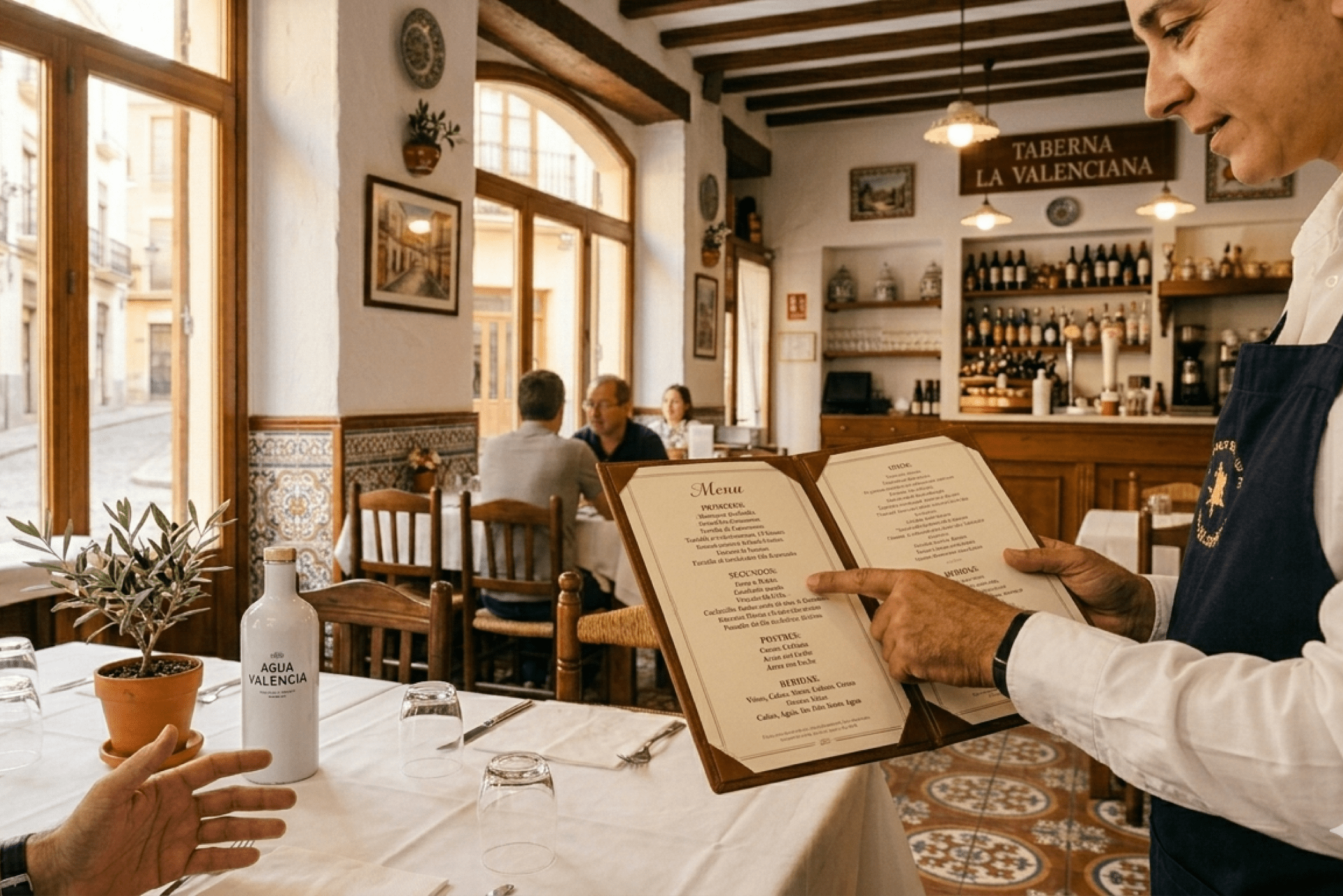 camarero enseñando la carta a un cliente en un local de hosteleria valenciano