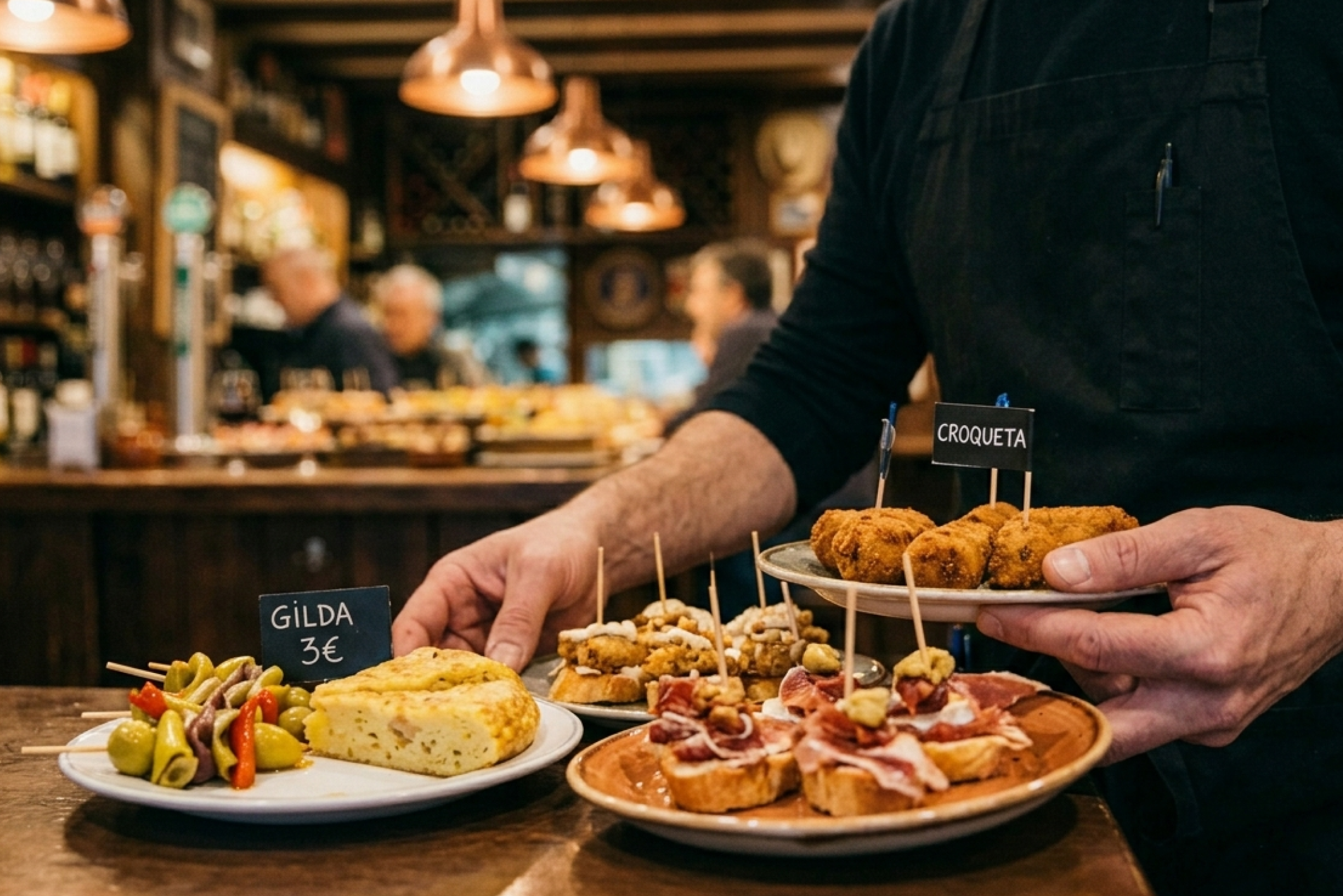 camarero sirviendo pintxos en una mesa de un bar