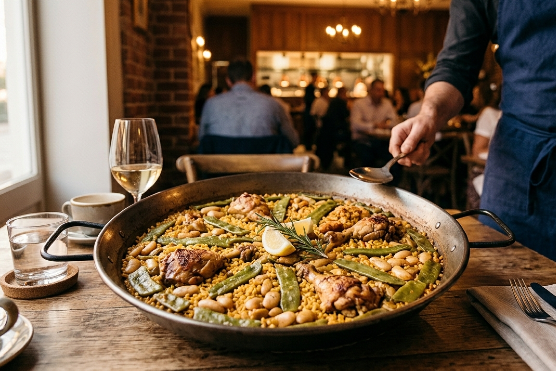 paella en una mesa de un restaurante